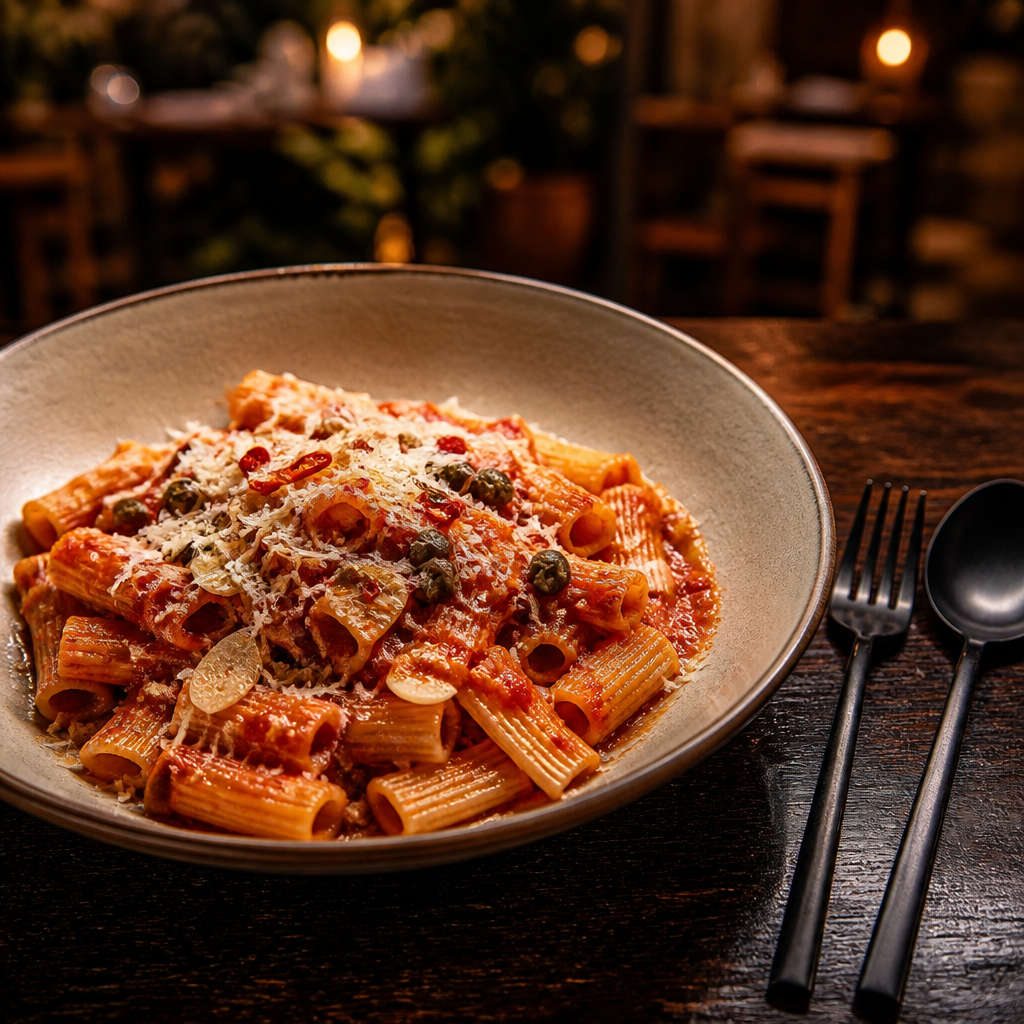 Frische Ricatoni vom pastamacher mit Puttanesca Sauce